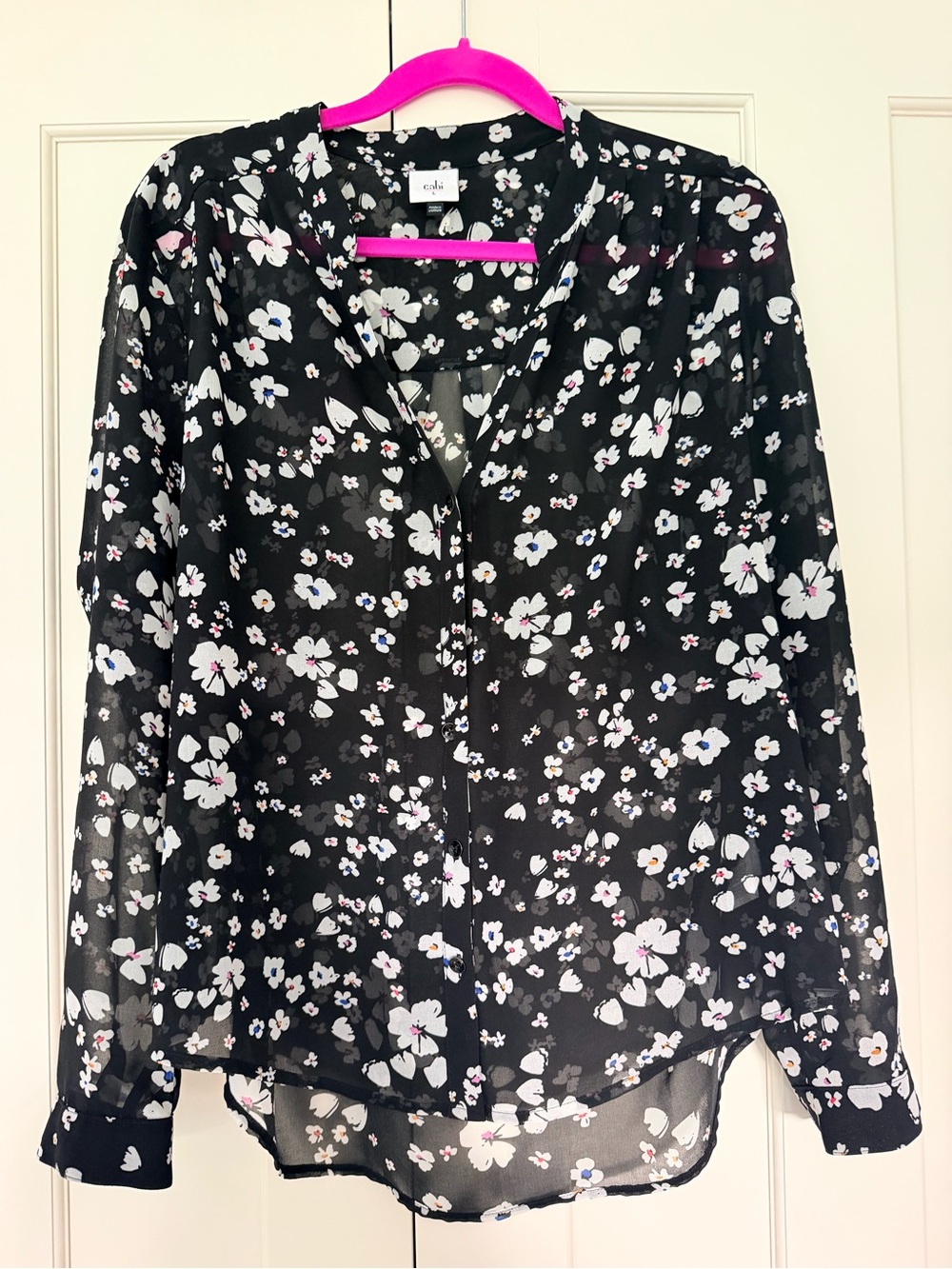 CAbi Black Floral Sheer Button-Down Blouse